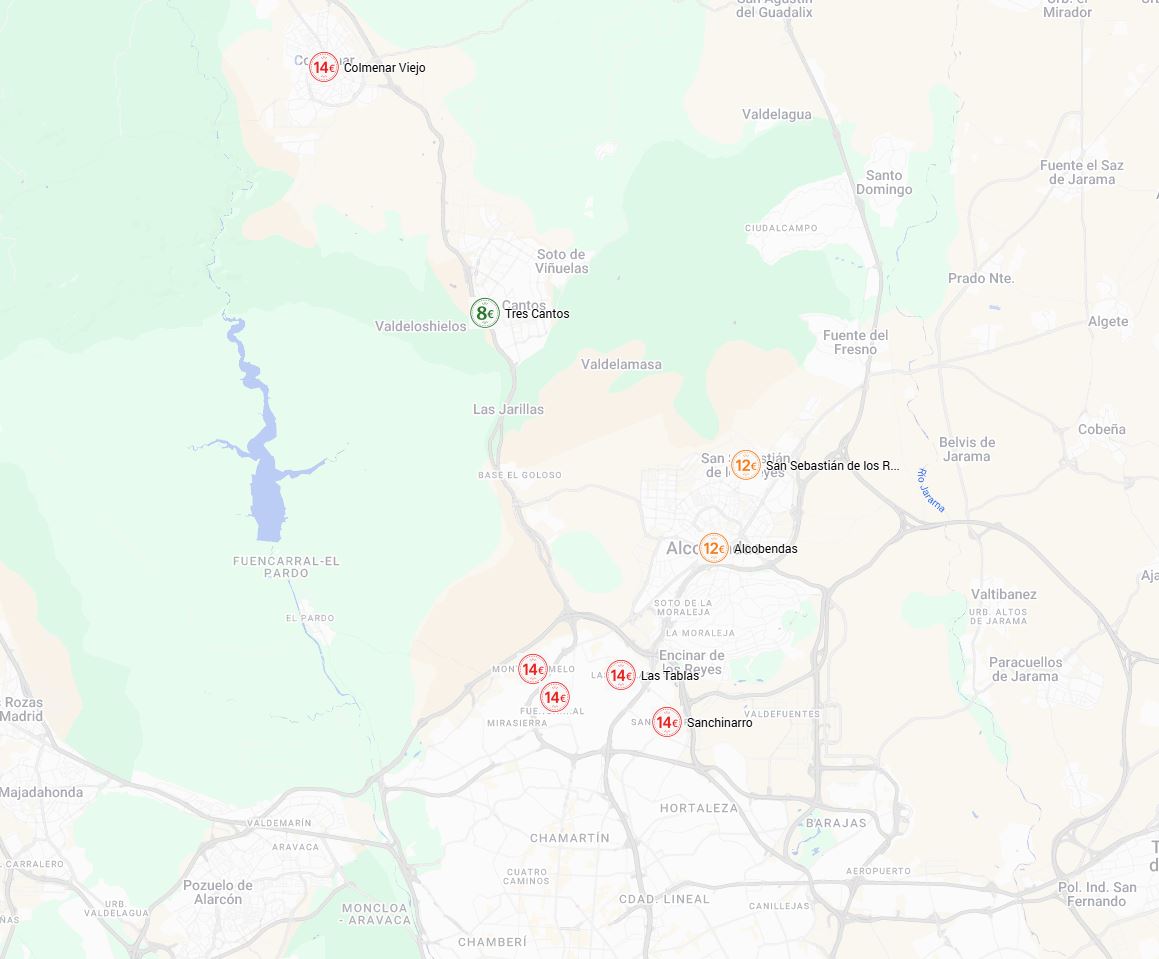 Mapa de las zonas de visita técnica a domicilio en el norte de Madrid: Tres Cantos, Alcobendas, San Sebastián de los Reyes, Colmenar Viejo, Sanchinarro, Las Tablas, Montecarmelo y Tres Olivos